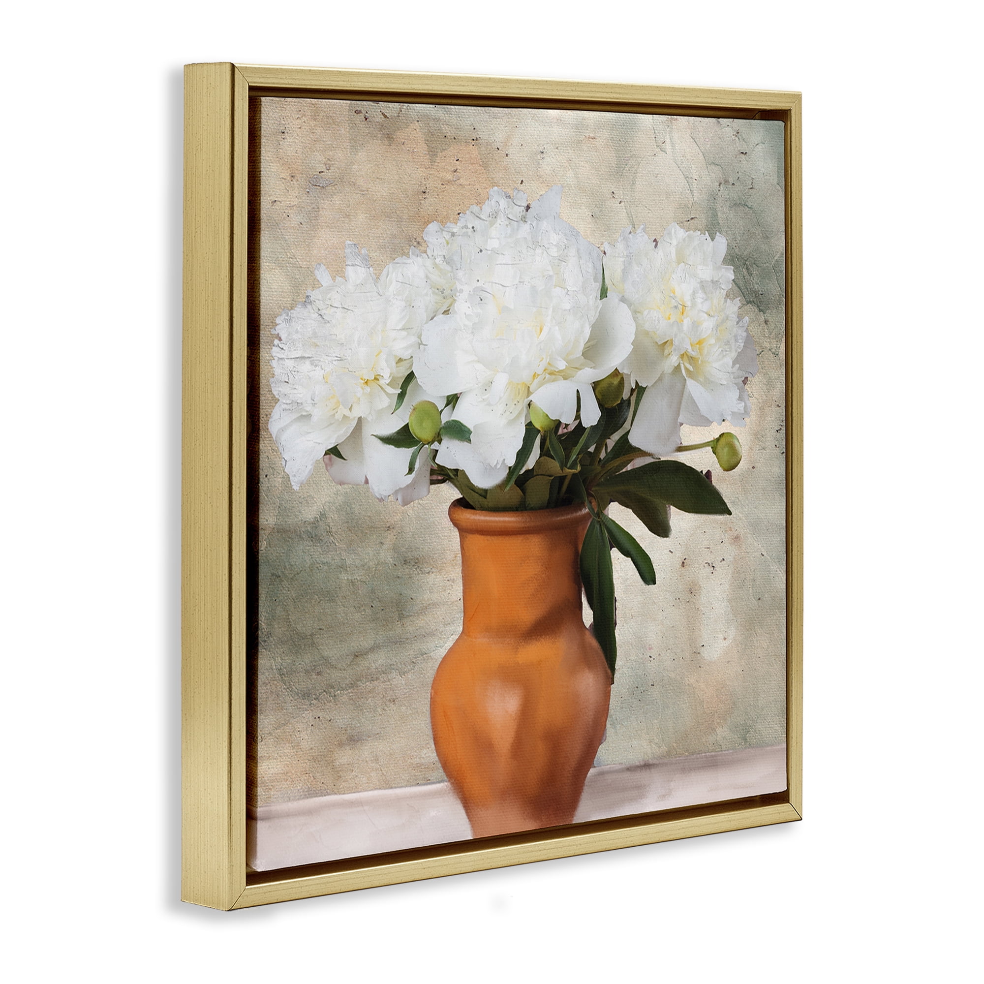 Stupell Industries Rustic Terracotta Vase Plants & Flowers Painting Gold Floater Framed Canvas Art Print Wall Art, 18 x 18
