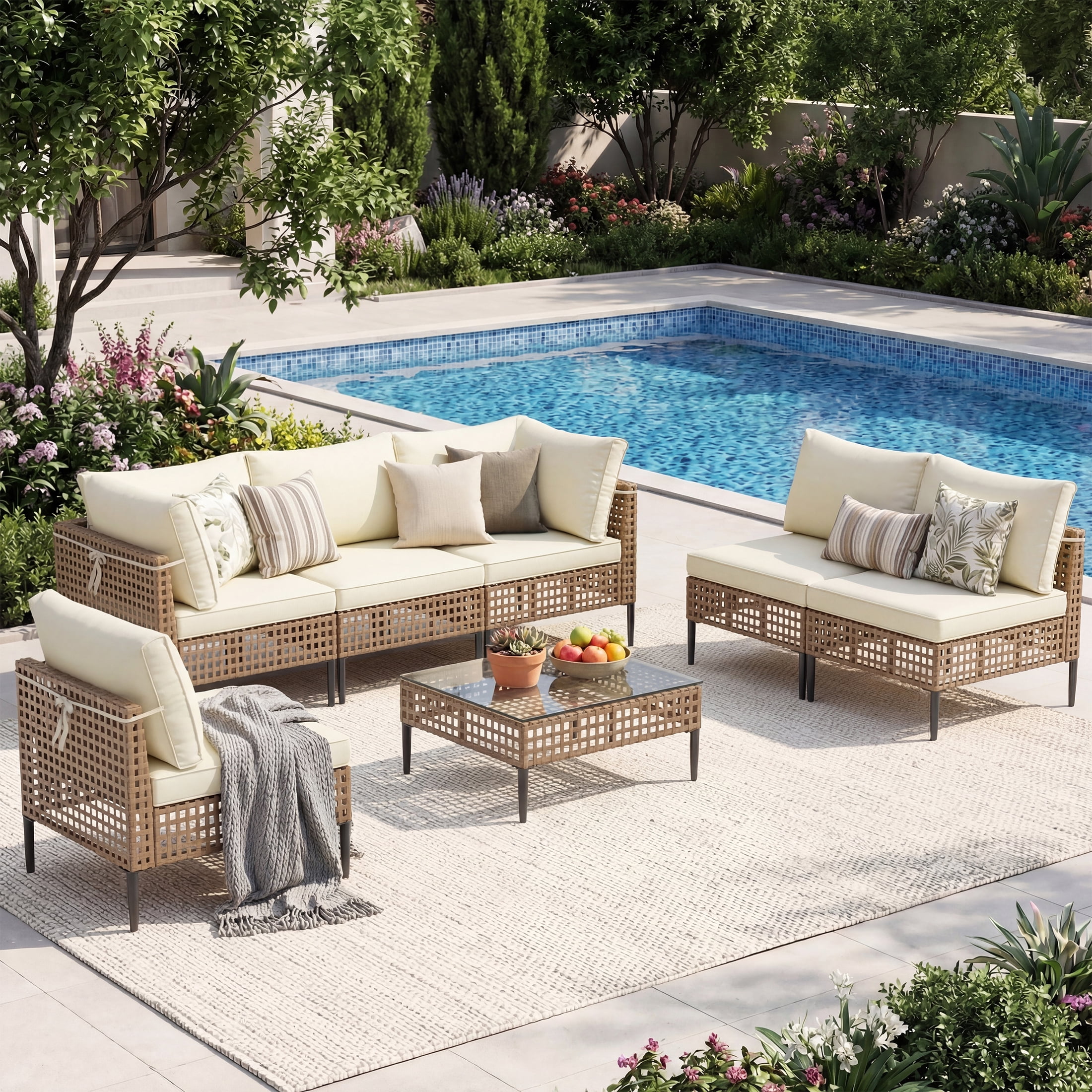 UDPATIO 7 Piece Wicker Patio Furniture Set, Outdoor Conversation Set， Sectional Sofa with Glass Coffee Table， Outdoor Sofa for Porch, Backyard, Yellow&Beige