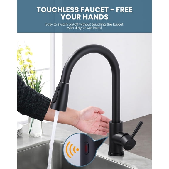 Matte Black Touchless Kitchen Faucet, Smart Motion Sensor with Sprayer, Single Handle Stainless Steel Faucet, Compatible with 1- or 3-Hole Sink