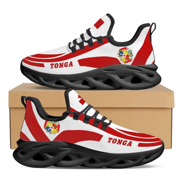 Zapatos deportivos para exteriores con suela gruesa y diseño de la bandera nacional de Tonga, color rojo y moderno.