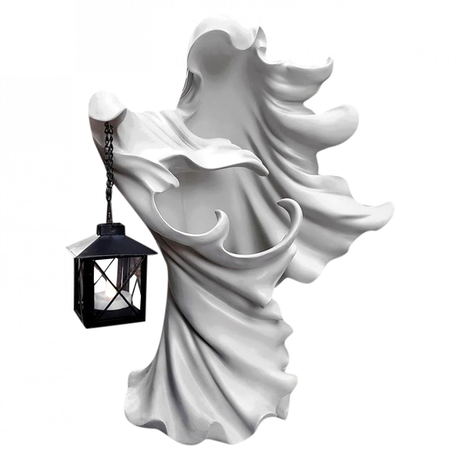 Realistic Resin Ghost Sculpture for Halloween Garden Decoration Witch Decoration Lantern The Ghost Looking for Light White Hells Messenger with Lantern