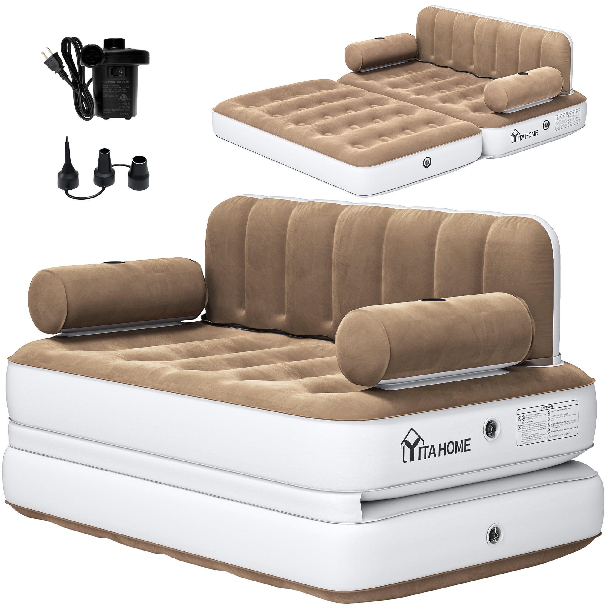 Uforic Queen Air Sofa Bed Mattress with Headboard & Pump for Home Camping Guests, Khaki