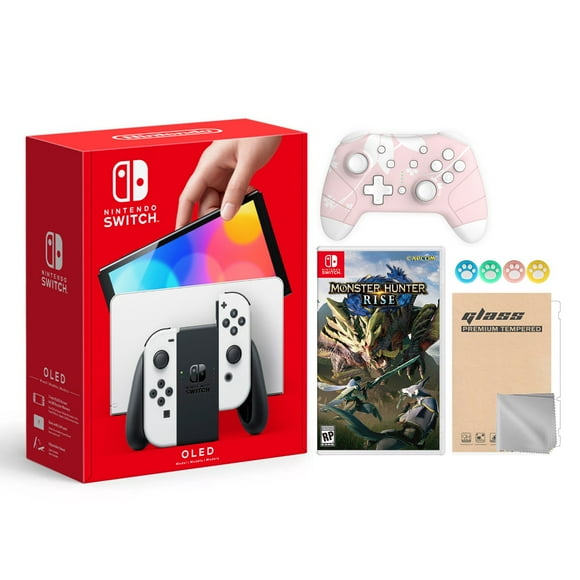2021 New Nintendo Switch OLED Model White Joy Con 64GB Console Improved HD Screen & LAN-Port Dock with Monster Hunter: Rise And Mytrix Wireless Switch Pro Controller and Accessories