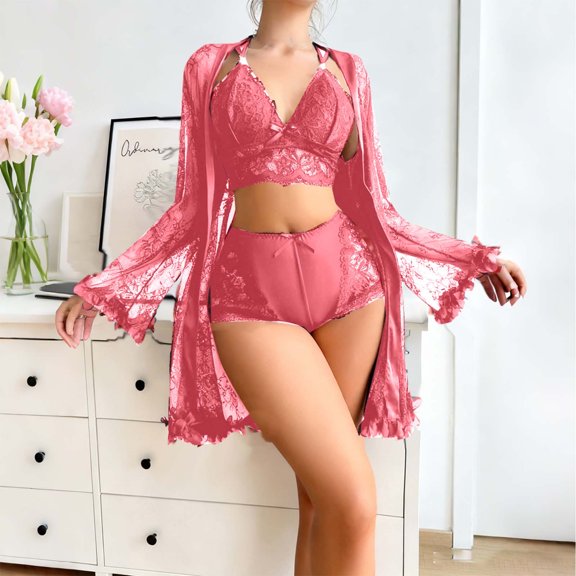 jobturf Pajamas for Women Set Valentines Day Lace Camisole Top with Mesh Robe and Shorts 3 Piece Outfits Summer Y2k V Neck Sleepwear Lounge Sets