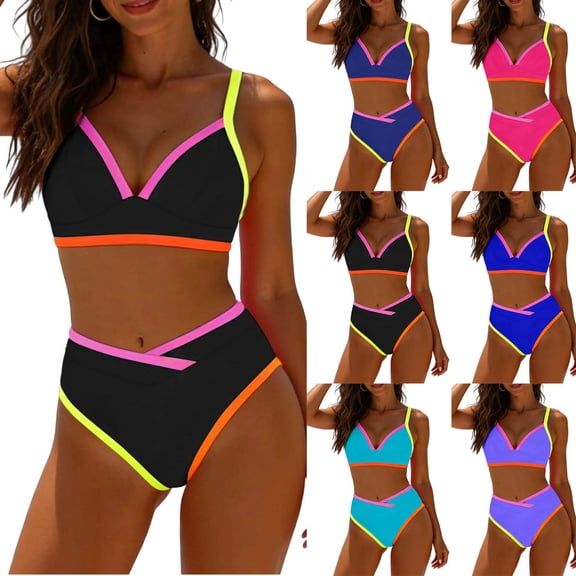 High Waisted Bikini Sets for Women Color Block Two Piece Swimsuit Bathing Suit for Beach Purple