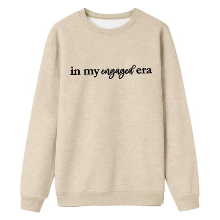 FYEGRE Women s Hoodless Sweatshirt Ladies Off Shoulder Sweater Long Sleeve Round Neck Casual Pullover with Printed Letter Design for Everyday Wear Beige S