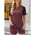 thumbnail image 2 of Trajes de 2 piezas para mujer, moda de verano, informal, suelto, Color de contraste, cuello redondo, conjunto de pantalones cortos de manga corta para mujer, rojo vino S, 2 of 6