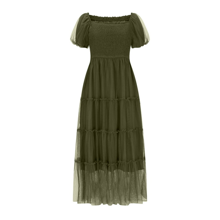 knee length dresses for ladies Dot Lace Mesh Tiered Ruffle Maxi Dress M / Off White main image 0