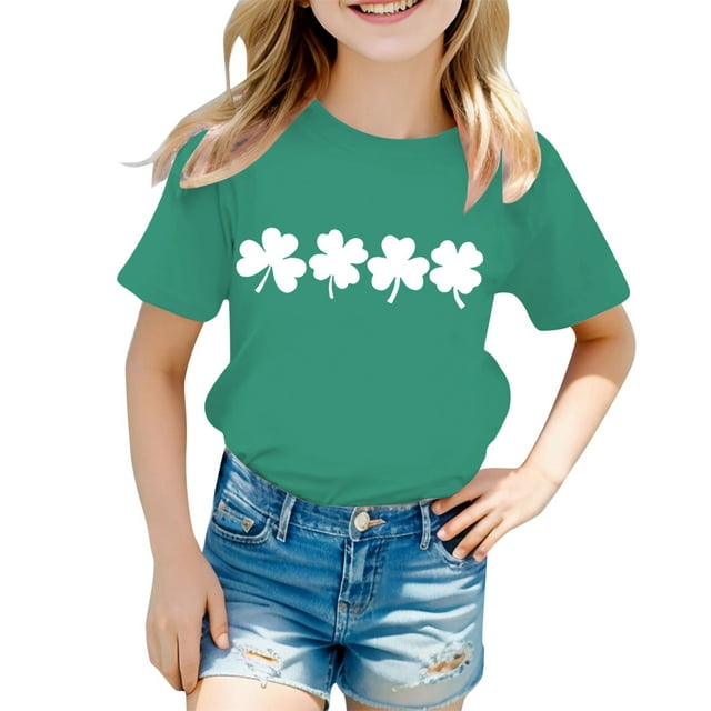 MEZZALL Col Rond à Manches Courtes Imprimé St. Pat pour Filles, Coupe Décontractée, Usage Quotidien pour Tout-Petits, Vert Clair, 6-7 Ans