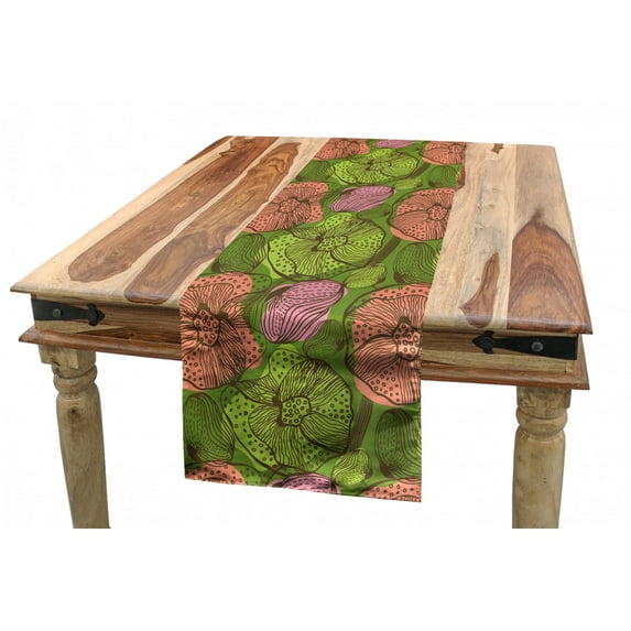 Colorful Table Runner, Vintage Floral Composition with Hand Drawn Style Blossoms Exotic Aged Foliage, Dining Room Kitchen Rectangular Runner, 3 Sizes, by Ambesonne
