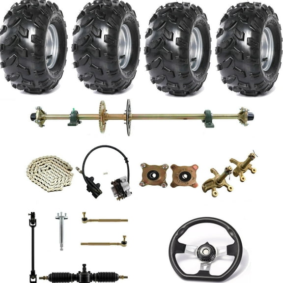 44" Go Kart DIY Rear Live Axle Kit Complete Axle Assembly Kit & Sprocket Hub Brake Caliper   Front Steering Wheel Gear Rack Pinion Shaft Spindle for ATV Quad Buggy (18x9.50-8 Wheels Tires)