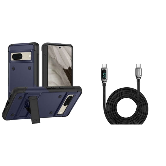 BEMZ Rugged Impact Resistant Kickstand Armor Case (Blue) with Digital LED Display Fast Charging USB-C to USB-C Cable (3.3 Feet) for Google Pixel 7a