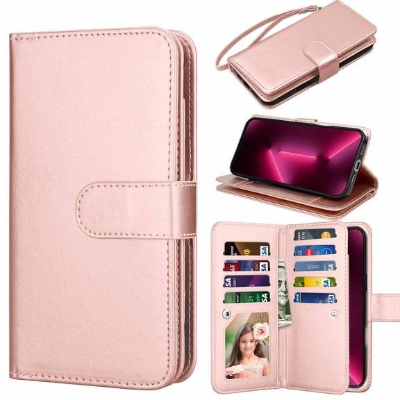 For iPhone 16 Wallet Case with Credit Card Holder, Wrist Strap, Njjex Detachable Magnetic Cover, PU Leather Flip Folio KickstNjjex Protective Case - Rose Gold