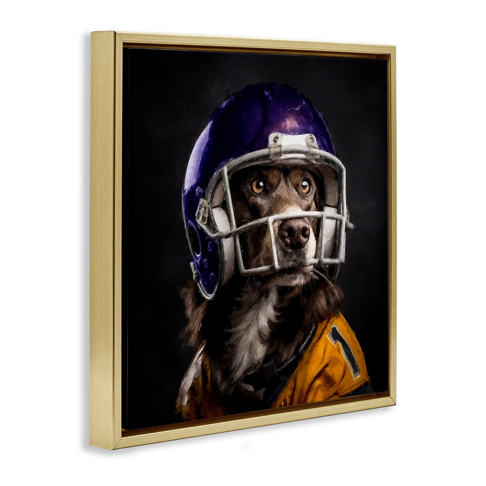 Stupell Industries Dog with Football Helmet Animals Painting Gold Floater Framed Canvas Art Print Wall Art, 18 x 18