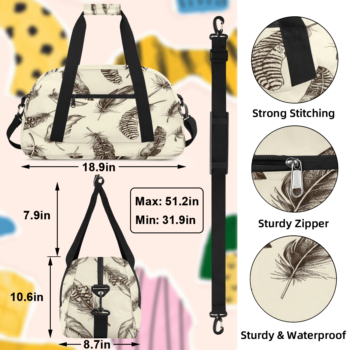 Herdesigns Sports Duffle Bags Travel Duffle Bag Gym Bag Retro Feather Weekender Travel Bag Waterproof Overnight Bag Carry On Travel Tote Bag Dance Bags