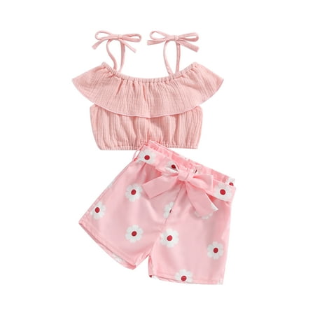 

Toddler Baby Girls Summer Outfit Suit Cotton Linen Lace Up Bandage Strap Tops+Elastic Floral Print Shorts 2PCS Casual Clothes Set