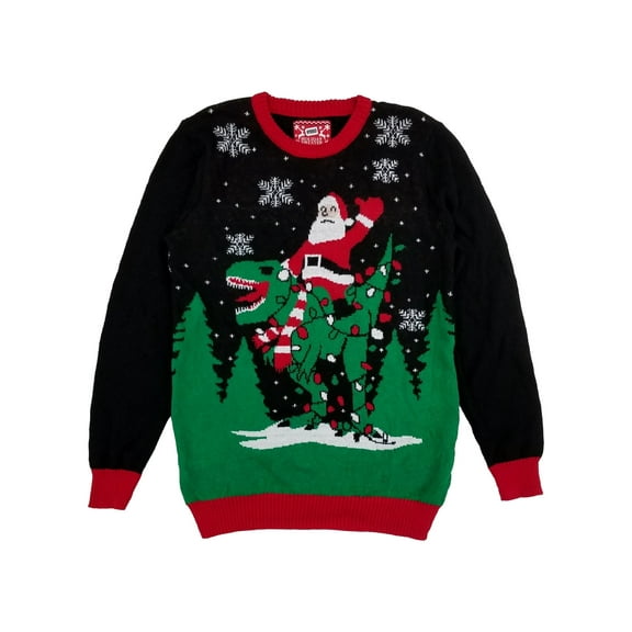 Boys Red & Black Santa Riding T-Rex Santa Christmas Holiday Sweater L 12