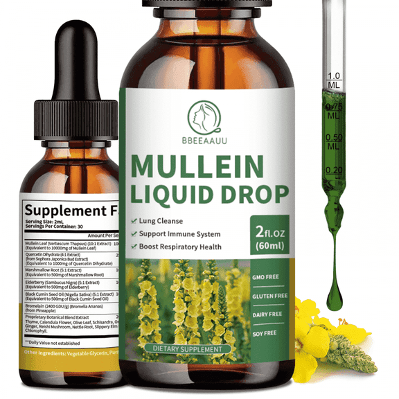 Mullein Drops for Lungs - Liquid Mullein Leaf Extract for Lungs Cleanse - Mullein Leaf Extract 1000MG for Lung Cleanse, Respiratory, Immunity - Pure Mullein Extract Drops - Non-GMO, 2 fl oz
