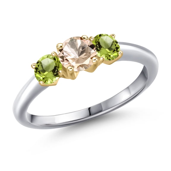 Gem Stone King 925 Silver and 10K Yellow Gold Peach Morganite and Green Peridot Engagement Ring for Women | 1.00 Cttw | Round 5MM | Gemstone October Birthstone | Size 9