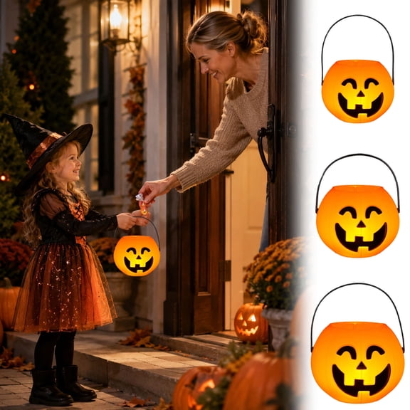 Forestwhale Light-Up Halloween Pumpkin Bucket 2.8" Mini Candy Holders Glowing Trick-or-Treat Pails with Built-in LED Light