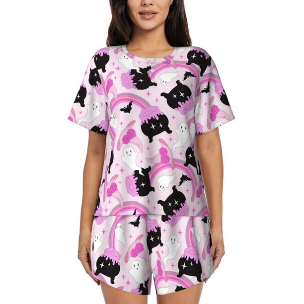 Fotbe Pink Girl Halloween Conjunto de Pijama Estampado para Mujer, 2 Piezas, Ropa de Dormir con Camiseta de Manga Corta y Shorts Suaves-Large