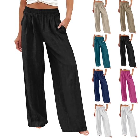 Dwellite Casual Pants with Pockets Women Tall Pull On Long Length Wide Leg Summer Palazzo Pants Casual Beach Travel White XL