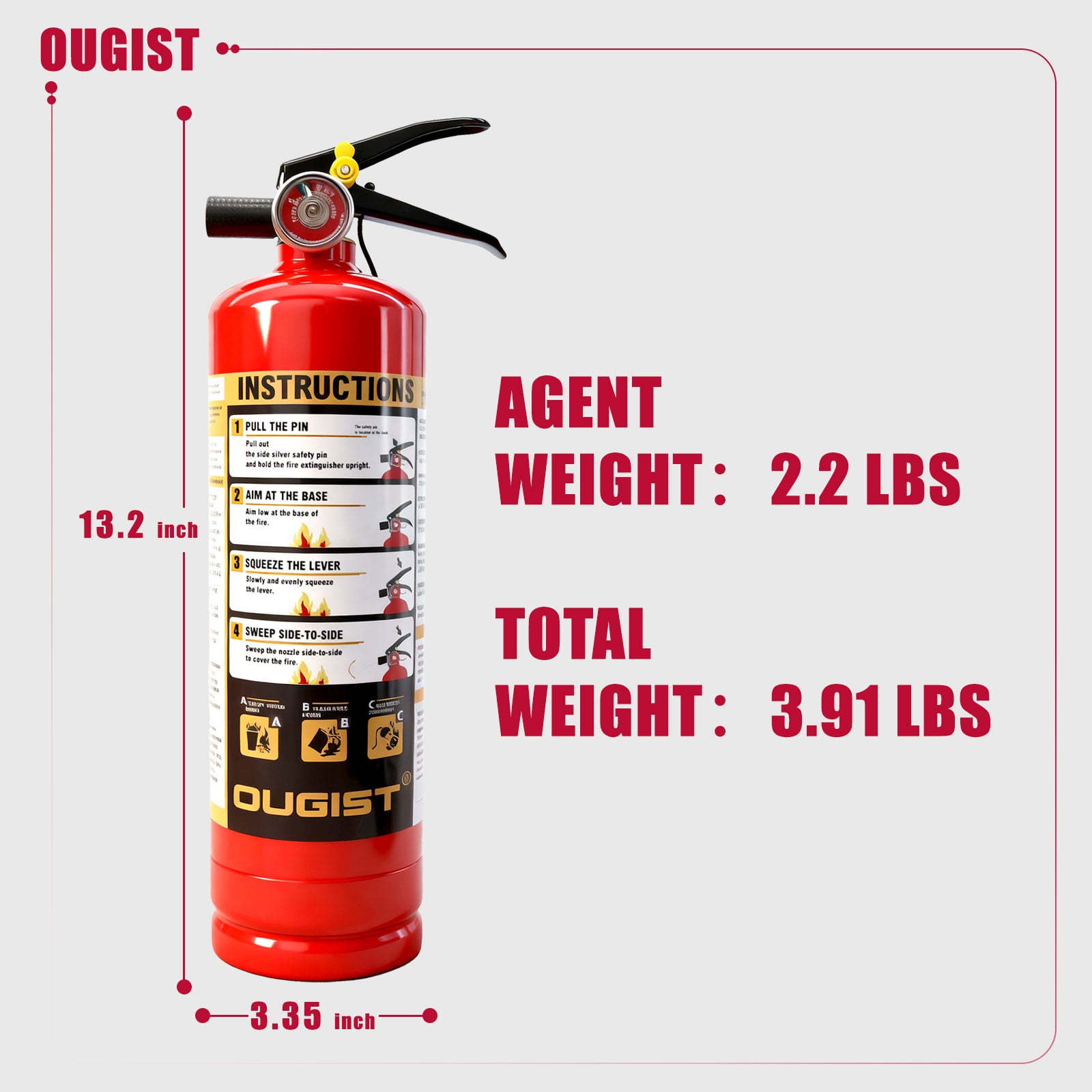 Ougist ABC Fire Extinguisher for Home & Vehicle, 2.5lb 1-A:10-B:C Rated, Certified for Kitchen/Car/Boat, Base Model