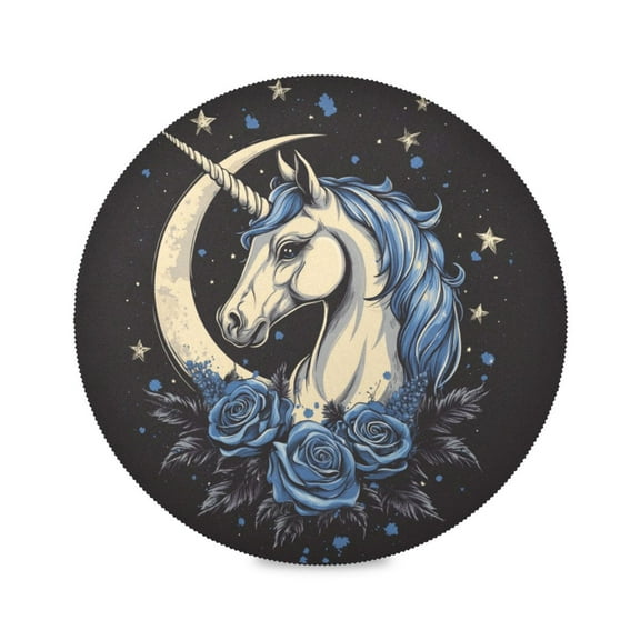 WOBOGO Blue Rose Unicorn Pattern Round Placemats Set of 6 Heat Resistant Washable Kitchen Table Decorations 15.4in