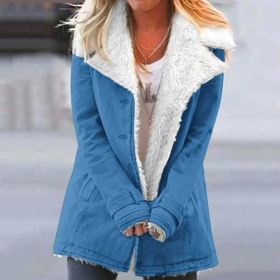 JURANMO Women Coats Clearance Sale,Women 2024 Fall Winter Warm Composite Plush Lined Jackets Trendy Button Down Lapel Collar Outwears Classic Long Sleeve Solid Color Coat with Pockets
