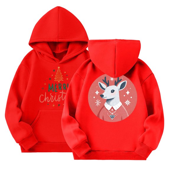 Staki Christmas Hoodie for Girls Ugly Xmas Santa Cotton Graphic Hooded Pullover Top Christmas Hoodies Shirt(Red,4-5 Years)
