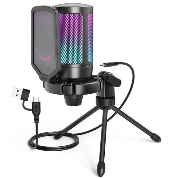 Fifine Microphone de Jeu USB pour Ordinateur PC PS5, Micro à Condensateur RGB avec Sourdine Rapide, Contrôle du Gain, Support Trépied, Filtre Anti-Pop, Montage Antichoc, f