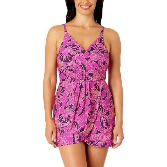 Land's End Skirted One Piece Swimsuit Swim Dress Tropical Purple S
