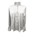 thumbnail image 4 of Women's Satin Button Down Shirt, Long Sleeve Bell Sleeve Blouse, Elegant Solid Color Collared Top for Wrinkle Resistant Formal Office Wear and Daily Outfits White L, 4 of 6
