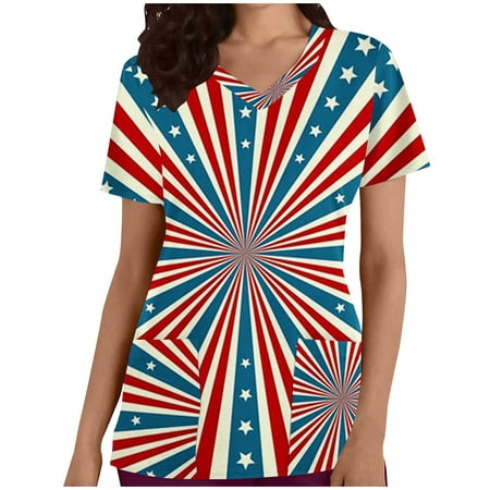 

Womens Stretch Scrubs Tops V Neck American Flag Stars Stripes Print Patriotic Shirt Breathable Comfy Nursing Scrubs with Pocket