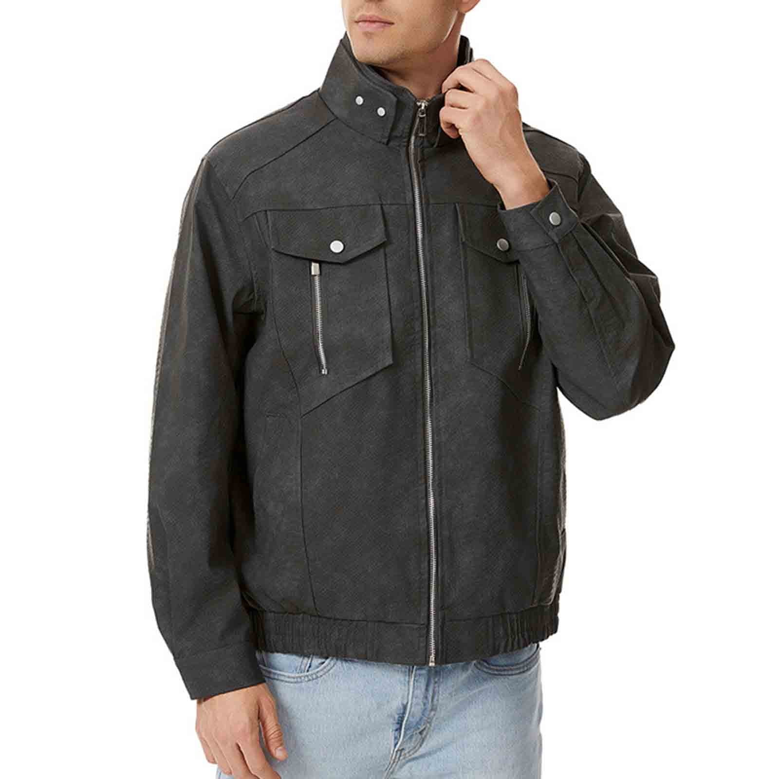 Abomasnow Men's Big & Tall Faux Leather Denim Jacket Vintage Zip Up Turtleneck Jean Jacket with Multiple Pockets M-4XL