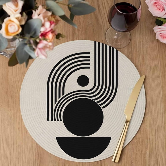 Abstract Geometric Round Braided Placemats Set of 8, Modern Minimalist Black Line Circle Beige Heat Insulation Place Mats Washable Non-Slip Table Mats for Kitchen Dining Party, 13 Inches