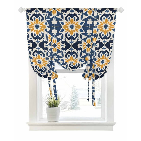Morocco Tie Up Curtains for Window, Thermal Insulated Balloon Shade Adjustable Rod Pocket Curtains Valance Panels for Kitchen Bathroom Cafe 42 x 63 Orange Blue Plaid Boho Bohemian Mexican Aztec