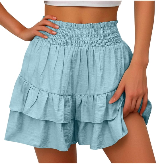 Arnsht Women's Cute High Waist Ruffle Mini Skirt Layered Ruffle Hem Flared Flowy Casual Shorts Swing Beach Mini Short Skirt Blue M