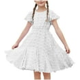 thumbnail image 2 of Cowsor Girls Solid Color Ruffle Sleeve Crewneck Dress Waist Cinched Casual Midi Dress for 3-14 Years Old Daily Play, 2 of 6