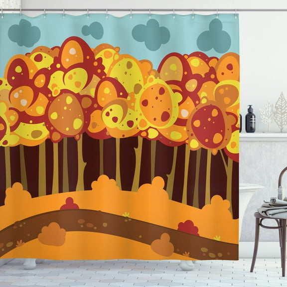 Ambesonne Woodland Shower Curtain, Forest in Autumn Cartoon, 69"Wx70"L, Yellow Vermilion