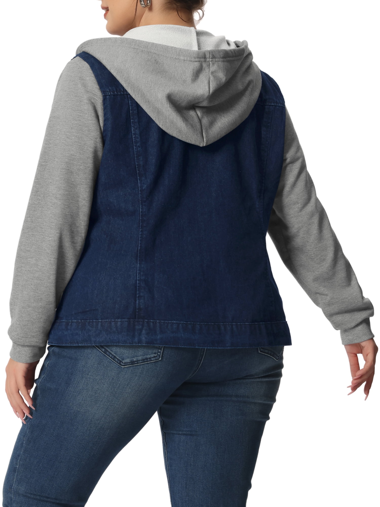 Unique Bargains Women's Plus Size Jean Drawstring Hood Denim Jacket