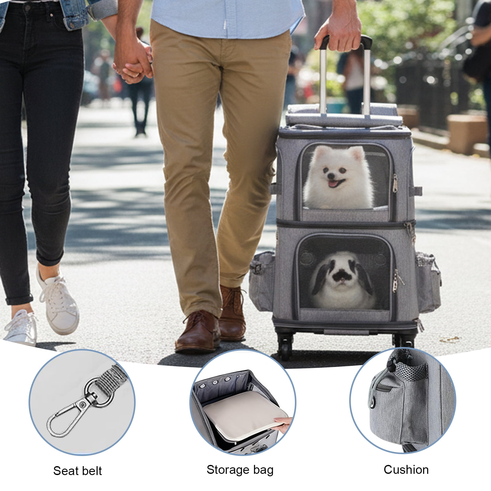 MINGYI Double-Compartment Pet Carrier with Wheels,Dog Backpack Carrier for 2 Small Dogs and Cats,Cat Rolling Carrier for Traveling/Taking a Walk/Trips to The Vet(Grey)