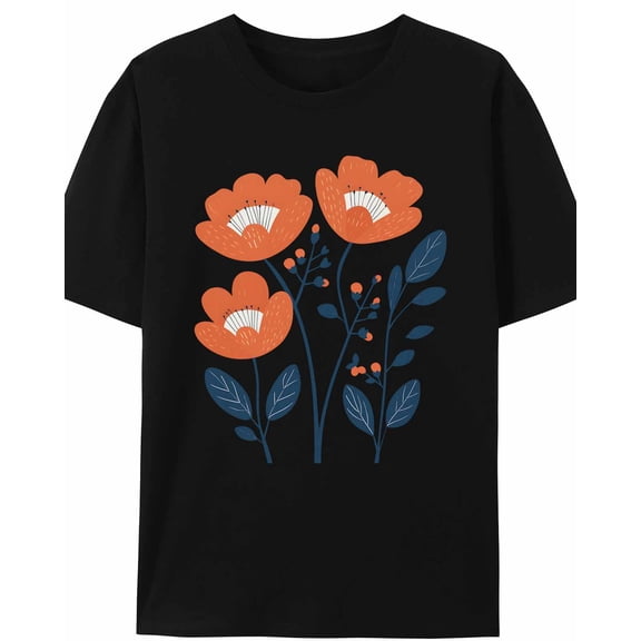 Women's T-Shirt Simple Cartoon Orange Flower Plants Short Sleeve Casual Tee Classic Crew Neck T Shirt for Women Black, M