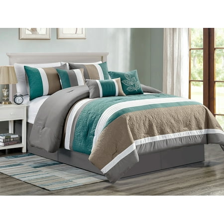 7 Pc Penny Floral Leaves Embossed Pleated Stripe Comforter Set