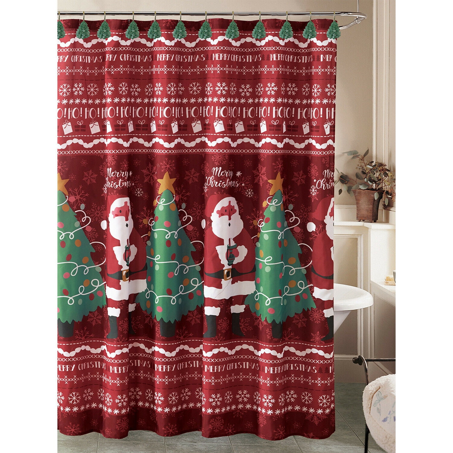Santa Claus Merry Christmas Tree Holiday Fair Isle Shower Curtain Set With 12 Resin Hooks Red Green 70 In X 72 In Walmart Com Walmart Com