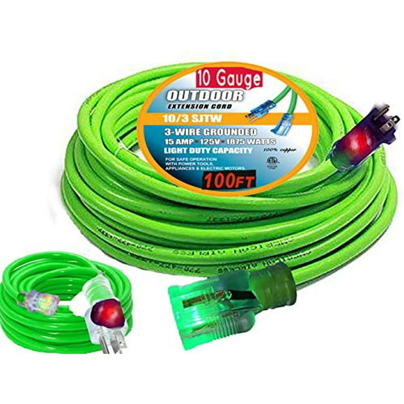 100 ft 10 Gauge Extension Cords 10 3 Contractor Grade 100' 10 Gauge Power Extension Cord 10/3 Plug,Extension Cord with Lighted Ends (100 ft 10 Gauge, Green)