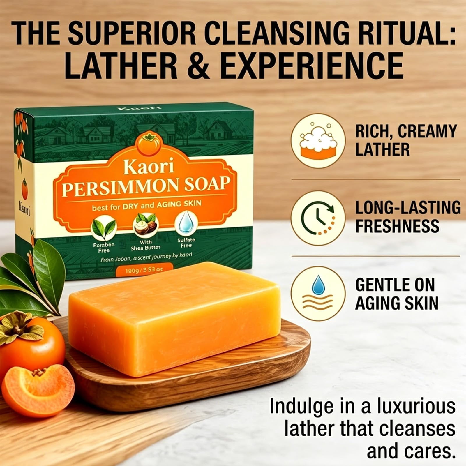 Kaori Japanese Persimmon Soap Handmade Natural Plant Oil Gentle Odor Control Moisturizing Bar for Underarms Feet Men Women