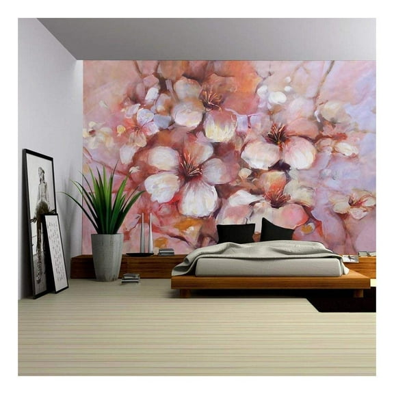 wall26 - Almonds Blossom Handmade Oil Painting on Canvas - Removable Wall Mural | Self-Adhesive Large Wallpaper - 100x144 inches