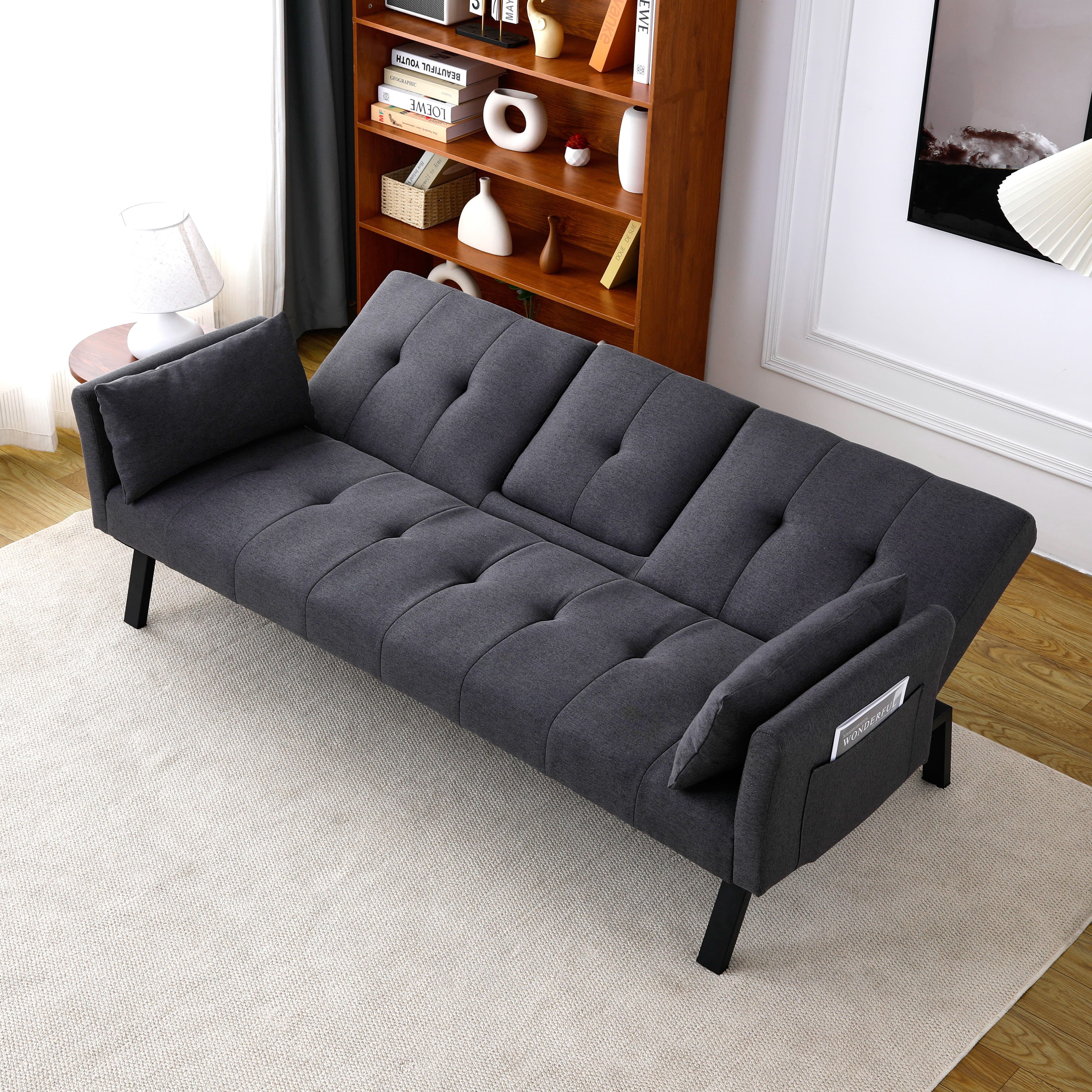 MAYEERTY 70" Linen Sofa Bed Foldable Sofa Couch with Cup Holder and Side Storage for Living Room, Bedroom and Apartment, Dark Gray