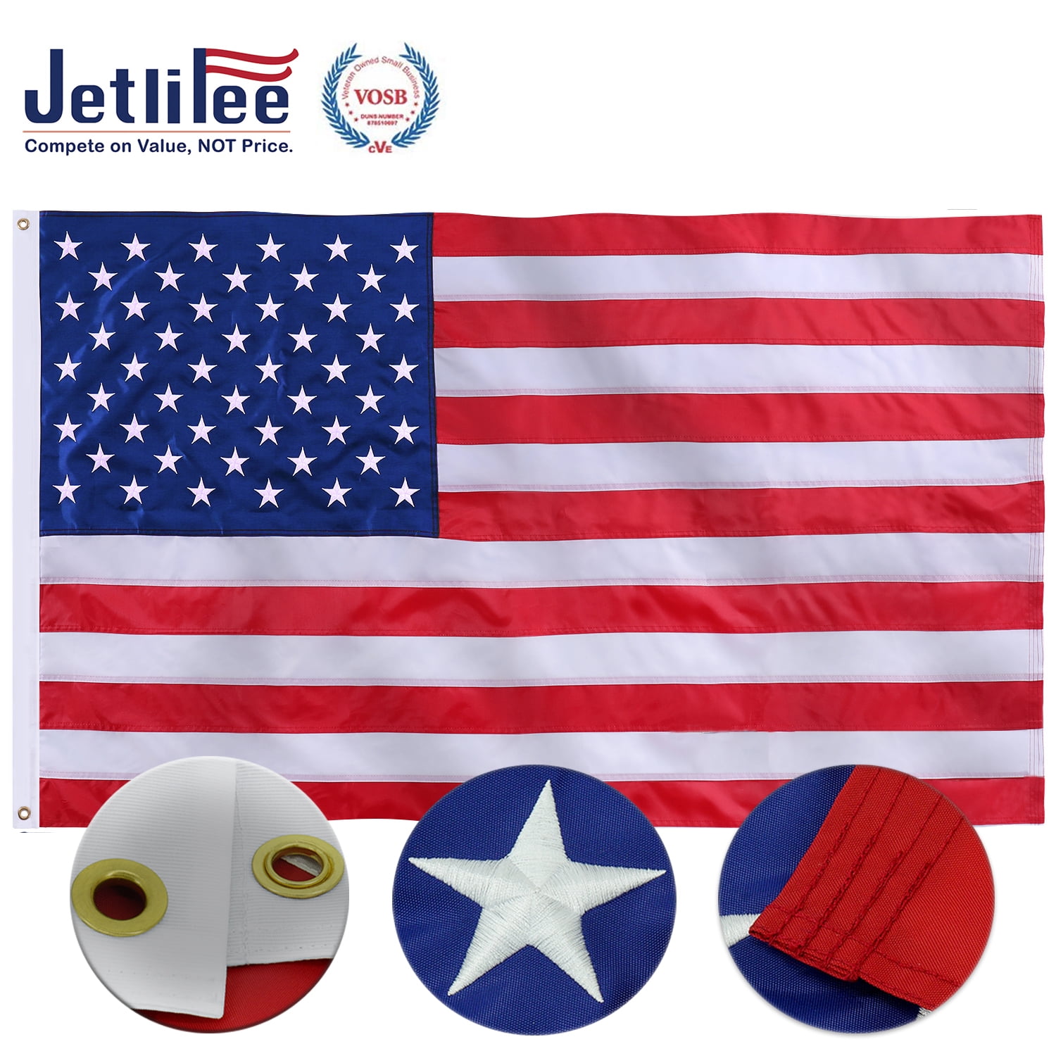 Vivid Color US Flags with Embroidered Stars Brass Grommets Jetlifee American Flag Sewn Stripes American Flags American Flag 3x5 Outdoor